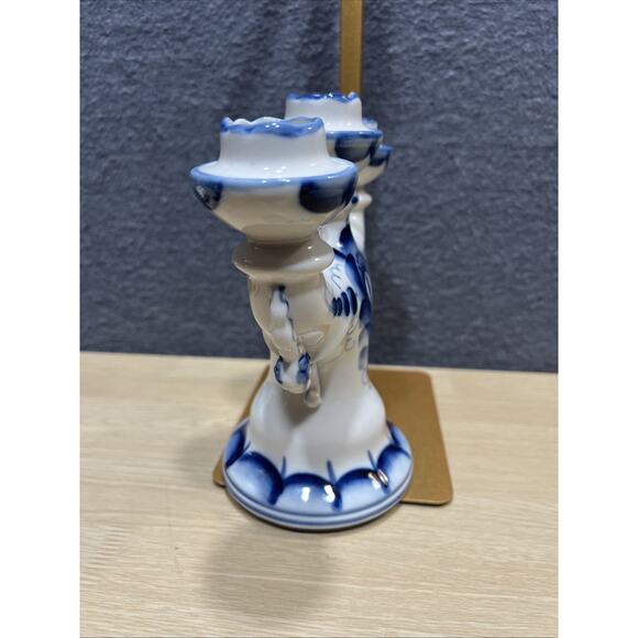 Vintage GZHEL Russian Candelabra Candle Holder White & Blue Porcelain Marked 8” - Picture 5 of 8